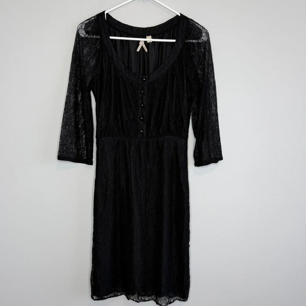 Maeve Black Lace Dress 2 3/4 Sleeves Silk Lining NO BELT Whimsigoth Party Anthro